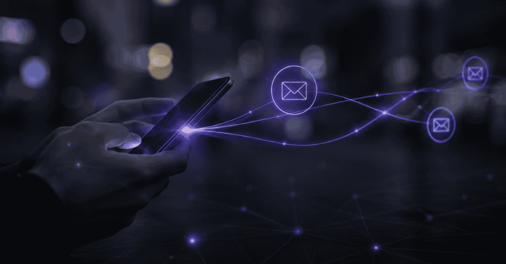 Hand holding phone sending SMS messages, illustrating SMS delivery monitoring and control