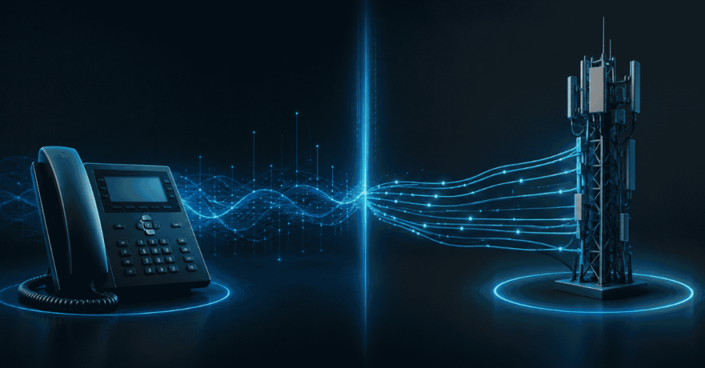 VoIP desk phone connected to a cell tower, illustrating VoIP versus voice termination