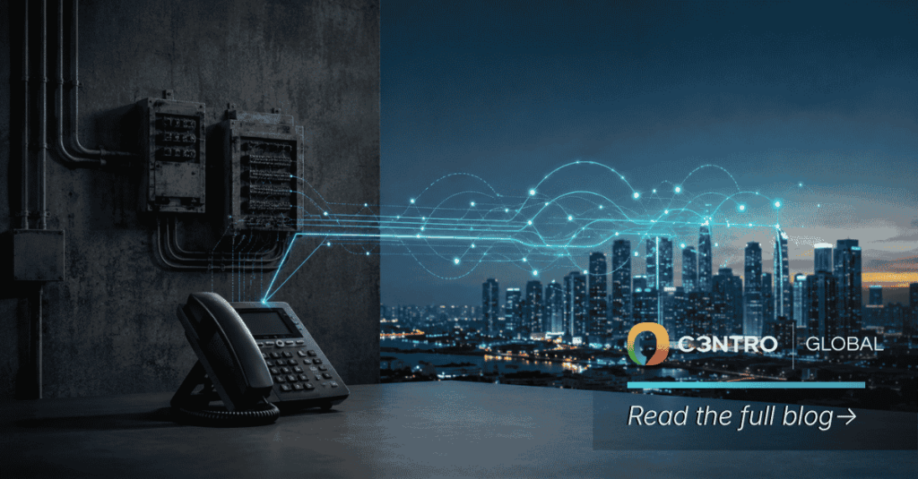 Old phone wiring transitioning into a connected city skyline, illustrating what PSTN replacement means