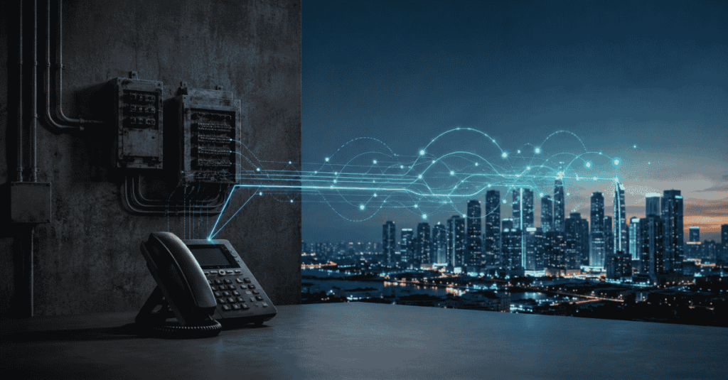 Old phone wiring transitioning into a connected city skyline, illustrating what PSTN replacement means