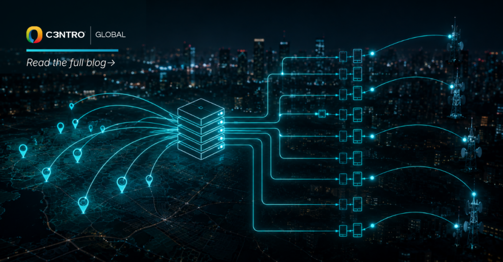 C3ntro Global network diagram showing global DID routing from server to devices and cell towers, complete guide to wholesale DIDs